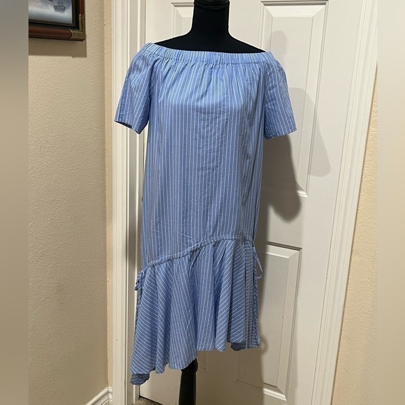 TOM GREYHOUND WOMENS OFF THE SHOULDER HIGH LOW BLUE STRIPED DRESS SIZE XS. - Picture 4 of 13